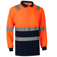 HI VIS Long Sleeve Workwear Shirt w Reflective Tape Cool Dry Safety Polo 2 Tone, Fluoro Orange / Navy, M