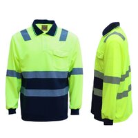 HI VIS Long Sleeve Workwear Shirt w Reflective Tape Cool Dry Safety Polo 2 Tone, Fluoro Yellow /Navy, XL