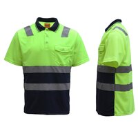 HI VIS Short Sleeve Workwear Shirt w Reflective Tape Cool Dry Safety Polo 2 Tone, Fluoro Yellow / Navy, 3XL