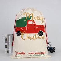50x70cm Canvas Hessian Christmas Santa Sack Xmas Stocking Reindeer Kids Gift Bag, Cream - Tree In Truck