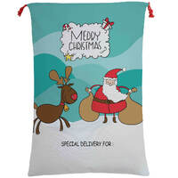 50x70cm Canvas Hessian Christmas Santa Sack Xmas Stocking Reindeer Kids Gift Bag, Cartoon Santa w Reindeer (B)