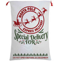 Large Christmas XMAS Hessian Santa Sack Stocking Bag Reindeer Children Gifts Bag, Cream - North Pole Express (D)