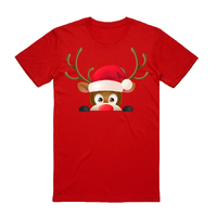 100% Cotton Christmas T-shirt Adult Unisex Tee Tops Funny Santa Party Custume, Reindeer Head (Red), 3XL