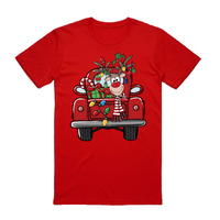 100% Cotton Christmas T-shirt Adult Unisex Tee Tops Funny Santa Party Custume, Car with Reindeer (Red), 3XL