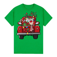 100% Cotton Christmas T-shirt Adult Unisex Tee Tops Funny Santa Party Custume, Car with Reindeer (Green), 3XL