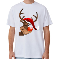 100% Cotton Christmas T-shirt Adult Unisex Tee Tops Funny Santa Party Custume, Reindeer Wink (White), 2XL