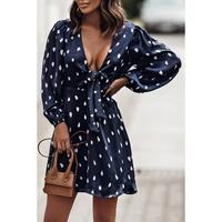 Azura Exchange Dot Print A-Line Dress with Deep V Neck and Balloon Sleeves - S