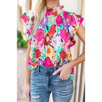 Azura Exchange Abstract Floral Print Frilled Neck Pleated Blouse - L