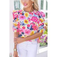 Azura Exchange Floral Ruched Puff Sleeve Blouse - S