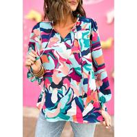 Azura Exchange Abstract Print Frill V Neck Long Sleeve Blouse - L