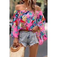 Azura Exchange Abstract Floral Print Off-shoulder Bell Sleeve Blouse - L