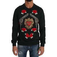 Dolce & Gabbana Green Cotton Crystal Heart Roses Embroidered Pullover Sweater 46 IT Men