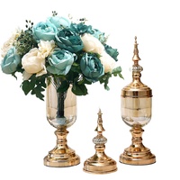 SOGA 2 x Clear Glass Flower Vase with Lid and Blue Flower Filler Vase Gold Set