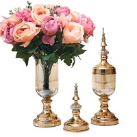SOGA 2 x Clear Glass Flower Vase with Lid and Pink Flower Filler Vase Gold Set
