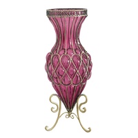 SOGA 65cm Purple Glass Tall Floor Vase with Metal Flower Stand