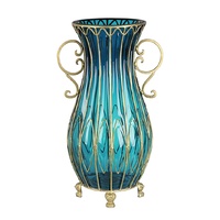 SOGA 50cm Blue Glass Oval Floor Vase with Metal Flower Stand