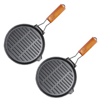 SOGA 2X 24cm Round Ribbed Cast Iron Steak Frying Grill Skillet Pan with Folding Wooden Handle