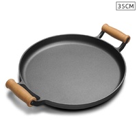 SOGA 35cm Cast Iron Frying Pan Skillet Steak Sizzle Fry Platter With Wooden Handle No Lid