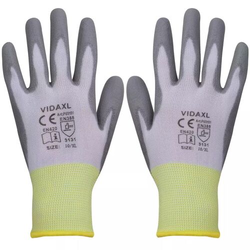 Work Gloves PU 24 Pairs White and Grey Size 10/XL