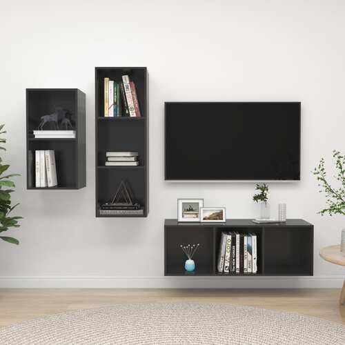 3 Piece TV Cabinet Set High Gloss Grey Chipboard