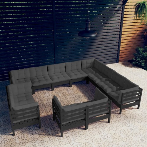 12 Piece Garden Lounge Set with Cushions Black Solid Pinewood