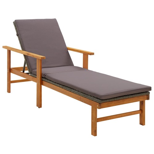 Sun Lounger with Cushion Poly Rattan and Solid Acacia Wood Grey