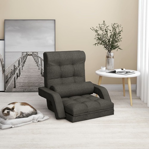 Folding Floor Chair with Bed Function Dark Grey Fabric