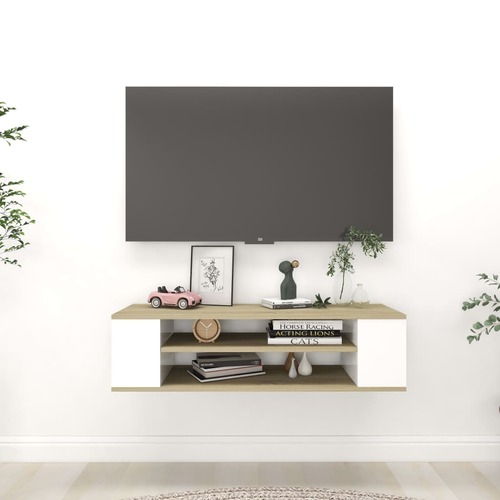 Hanging TV Cabinet White and Sonoma Oak 100x30x26.5 cm Chipboard