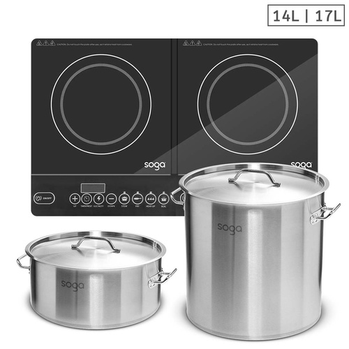 SOGA Dual Burners Cooktop Stove, 14L and 17L Stainless Steel Stockpot Top Grade Stock Pot