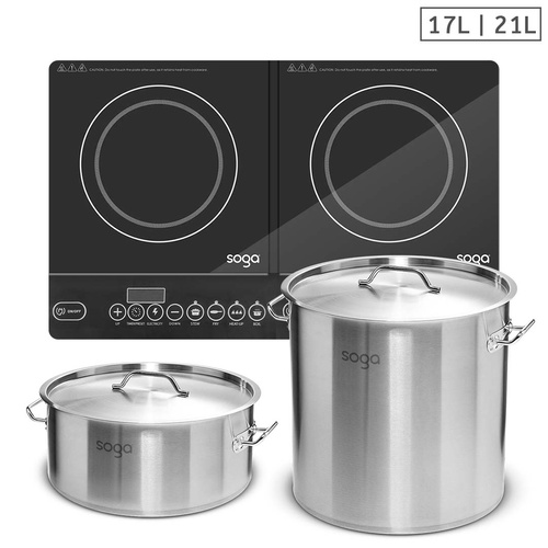 SOGA Dual Burners Cooktop Stove, 21L and 17L Stainless Steel Stockpot Top Grade Stock Pot