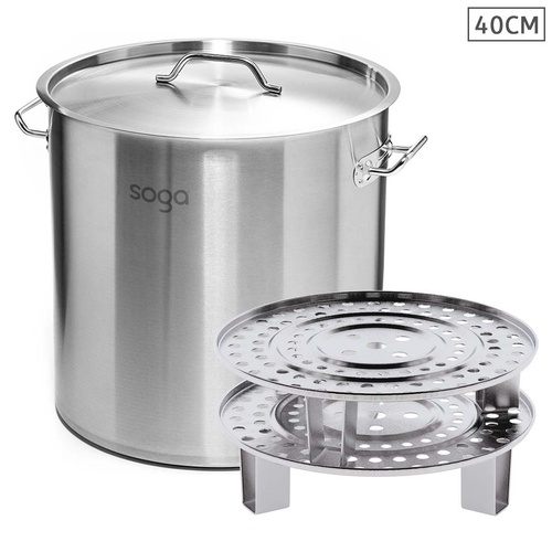SOGA 40cm Stainless Steel Stock Pot with Two Steamer Rack Insert Stockpot Tray