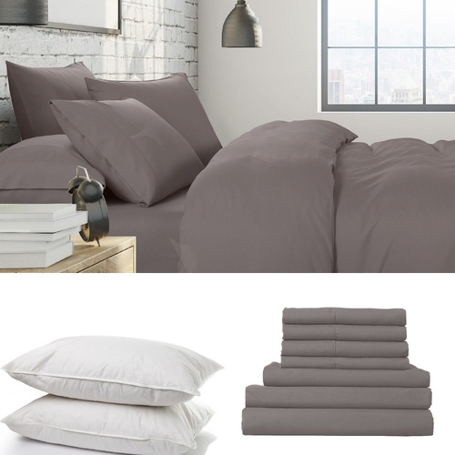 1500 Thread Count 6 Piece Combo And 2 Pack Duck Feather Down Pillows Bedding Set - King - Dusk Grey