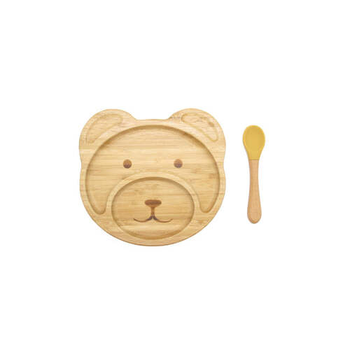 Bamboo Kids Teddy Plate with Suction Cap Base & Spoon