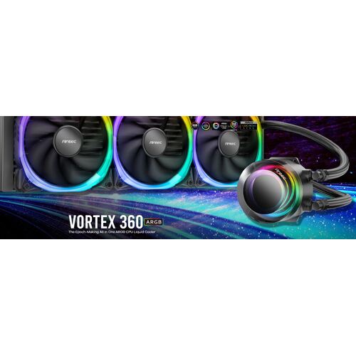 ANTEC VORTEX 360mm ARGB AIO Liquid CPU Cooler + ARGB Controller, EPDM High-Density Tubing, LGA 115x, 1200, 1700, 20xx, AM3, AM4 AM5, s