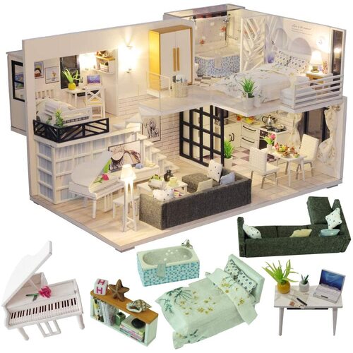 Dollhouse Miniature with Furniture Kit Plus Dust Proof and Music Movement - Happy time (1:24 Scale Creative Room Idea)