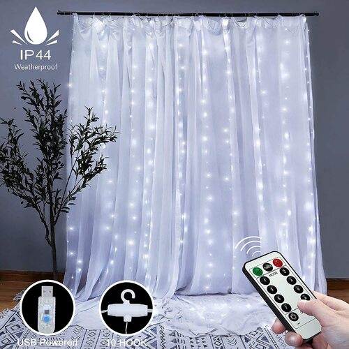 300 LEDs Window Curtain Fairy Lights 8 Modes and Remote Control for Bedroom (Cool White, 300 x 300cm)
