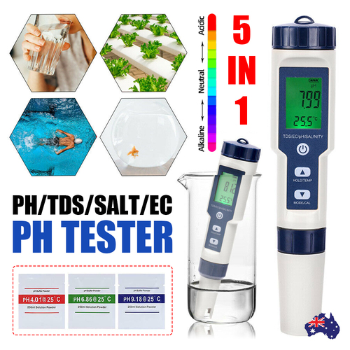 5-IN-1 Digital Water Quality Tester Waterproof pH TDS EC Temperature Meter Pool