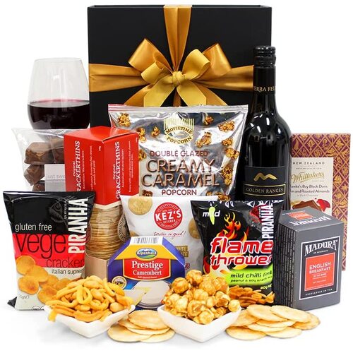 With Thanks Gift Hamper - Golden Ranges Shiraz, Crackers, Cheese, Tea & Chocolate - Sweet & Savoury Thank You Gift Hamper for Birthdays, Christmas, Ea