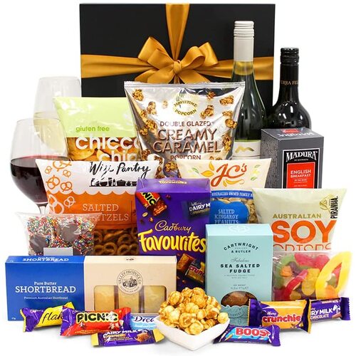 Wine Party Box Gift Hamper - Golden Ranges Shiraz & Sauvignon Blanc 750ml, Nuts, Fudge & Chocolate - Gift Hamper for Birthdays, Graduations, Christmas