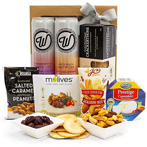 Seltzer & Snacks Gift Hamper - Seltzers, Crackers, Olives, Cheese & Nuts - Sweet & Savoury Gift Hamper Box for Birthdays, Christmas, Easter, Weddings,