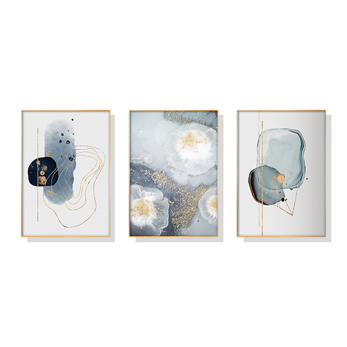 60cmx90cm Marbled Light Grey 3 Sets Gold Frame Canvas Wall Art