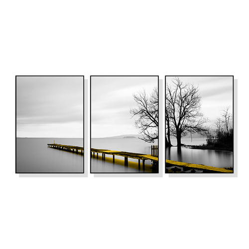 60cmx90cm Calm Lake Bridge Tree Scene 3 Sets Black Frame Canvas Wall Art