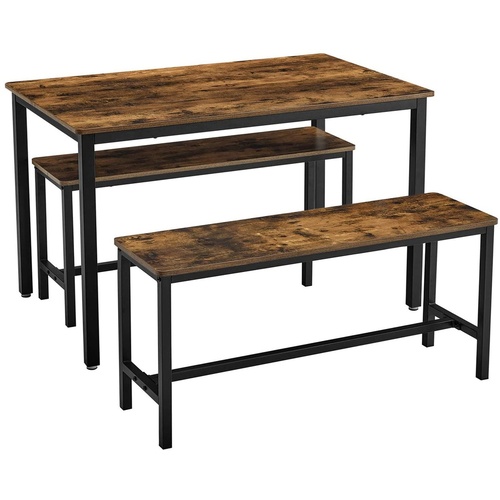 VASAGLE Dining Table Set with 2 Benches Rustic Brown and Black KDT070B01