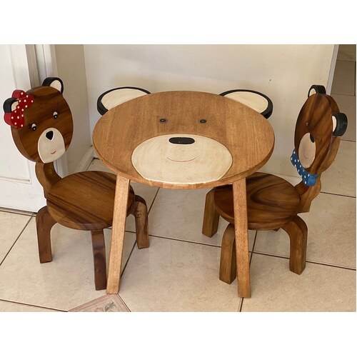 Children's furniture Set Bear Table and 2 Chairs -natural wood handmade and solid build