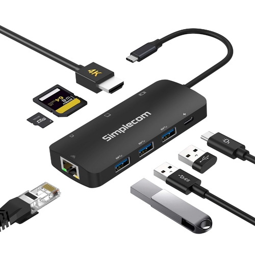 Simplecom CHT580 USB-C SuperSpeed 8-in-1 Multiport Hub Adapter HDMI 2.0 Docking Station