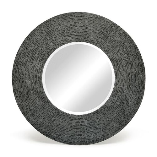 Round Wall Mirror with Croc Pattern Frame in Black Silver Finish