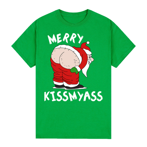 100% Cotton Christmas T-shirt Adult Unisex Tee Tops Funny Santa Party Custume, Merry Kissmyass (Green), L