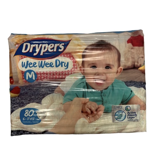 80pk Drypers Wee Wee Dry Disposable Diaper Nappies Nappy - Medium 6-11kg